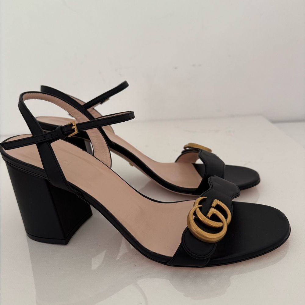 Gucci GG Marmont Black Leather Heel Sandals EU 40.5 US 10.5 Authentic - Picture 3 of 10